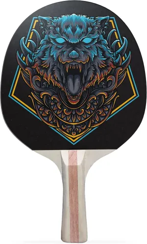 Wolf Emblem Colorful Design Ping Pong Paddle, Premium 5 Ply Table Tennis Racket (Red on Back)