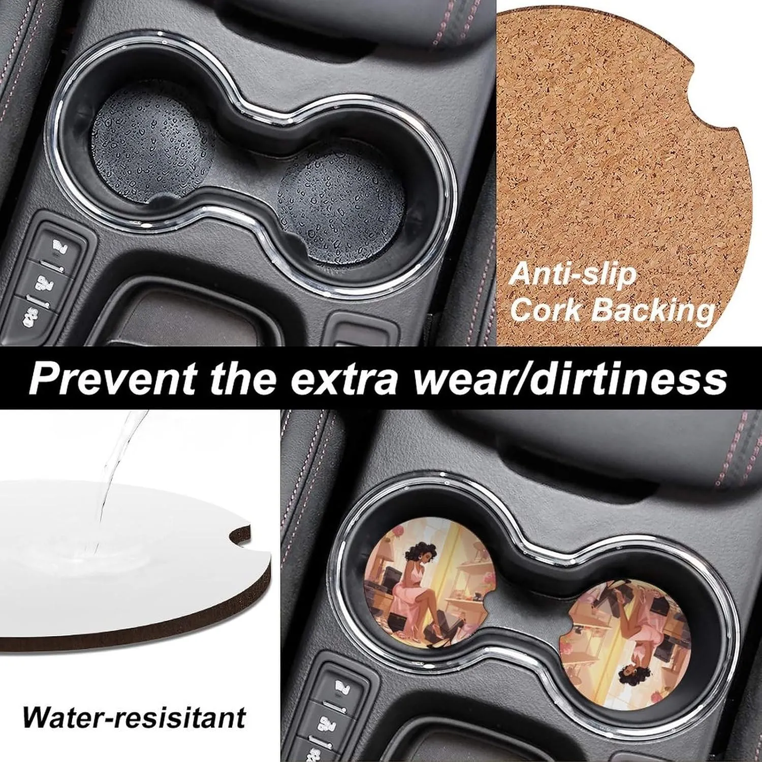 Woman with High Heel Shoes Luxury Wooden Car Coaster Anti-Slip Drinks Mat Cup Holder for Most Cars 6PCS