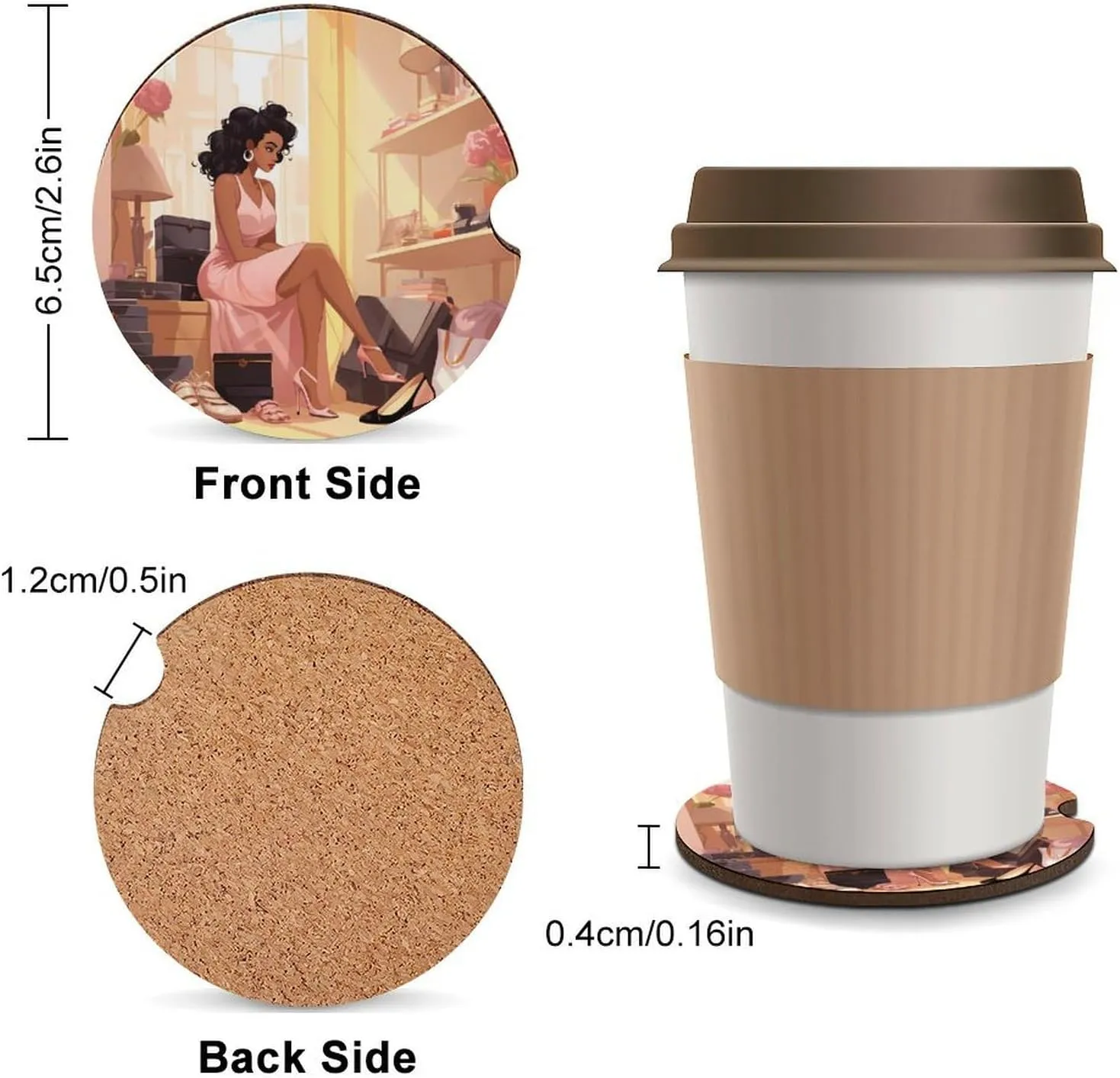 Woman with High Heel Shoes Luxury Wooden Car Coaster Anti-Slip Drinks Mat Cup Holder for Most Cars 6PCS