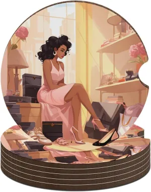 Woman with High Heel Shoes Luxury Wooden Car Coaster Anti-Slip Drinks Mat Cup Holder for Most Cars 6PCS