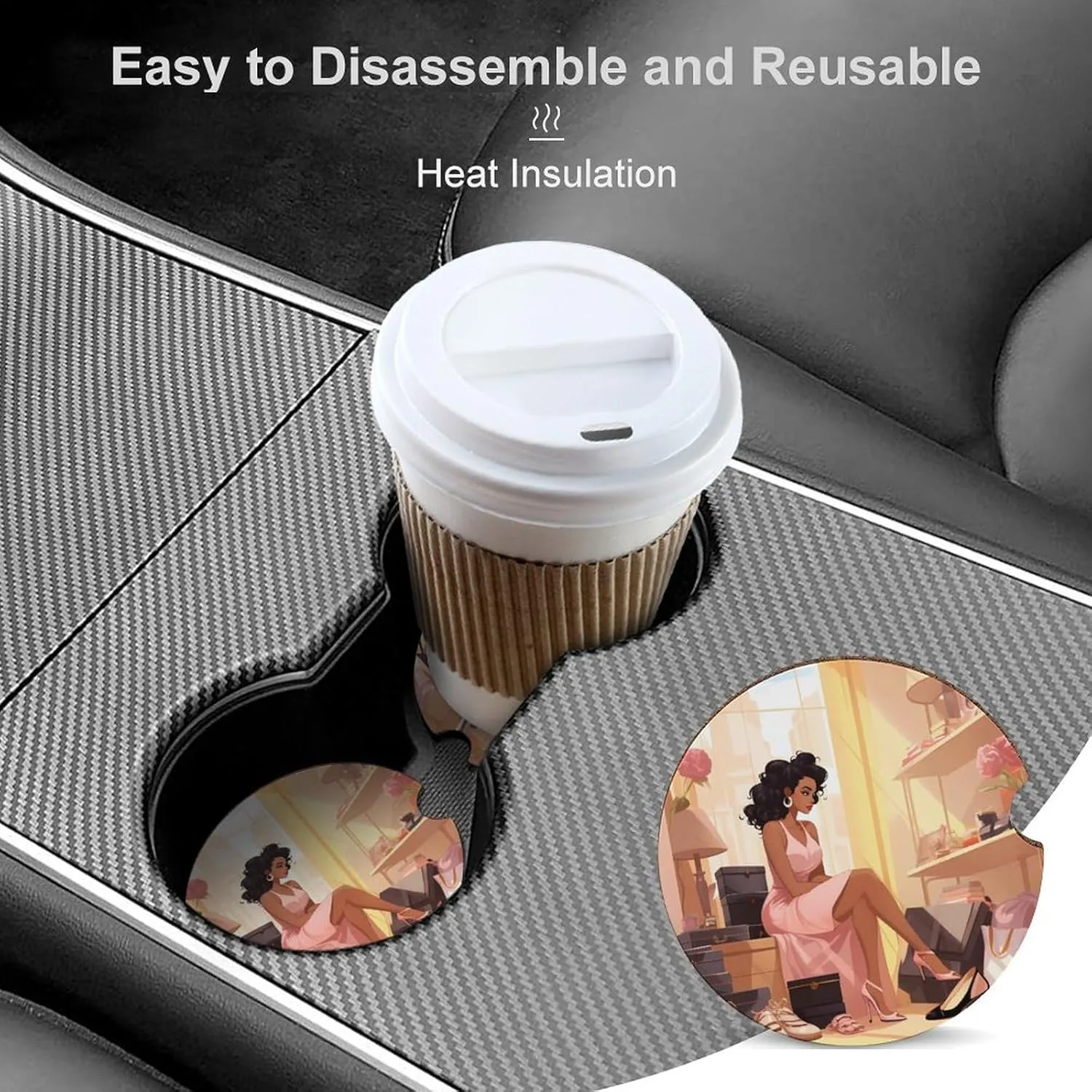 Woman with High Heel Shoes Luxury Wooden Car Coaster Anti-Slip Drinks Mat Cup Holder for Most Cars 6PCS