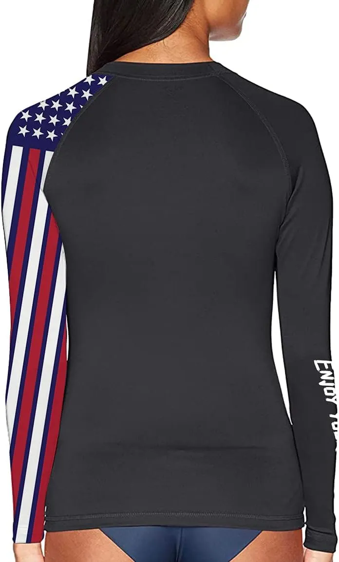 Women's American Flag Long Sleeve Sports Wicking T-Shirt Rash Guard for MMA BJJ Wrestling