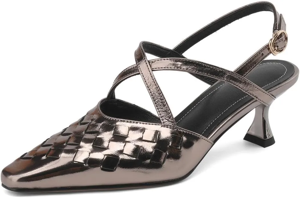 Women's Genuine Leather Closed Toe Handmade Woven Cross Strap Kitten Heel Slingback Sandals Pumps