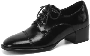 Women's Genuine Leather Handmade Classic Square Toe Lace Up Low Stacked Heel Retro Oxford Pumps Shoes