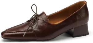 Women's Genuine Leather Handmade Lace Up Slip On Square Toe Office Pumps Shoes