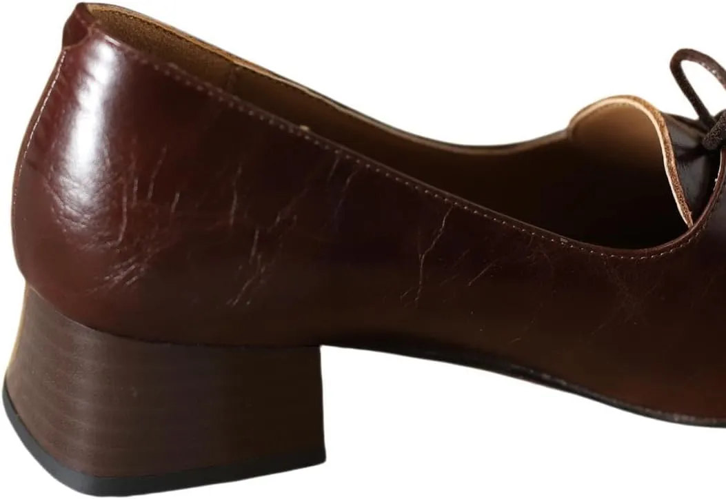Women's Genuine Leather Handmade Lace Up Slip On Square Toe Office Pumps Shoes