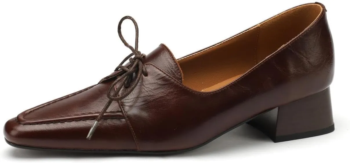 Women's Genuine Leather Handmade Lace Up Slip On Square Toe Office Pumps Shoes