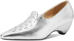 Women's Genuine Leather Weave Pointed Toe Handmade Comfortable Slip On Loafers Pumps