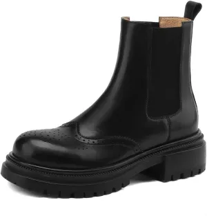 Women's Handmade Genuine Leather Elastic Ssided Round Toe Brogue Chelsea Boots Ankle Boots