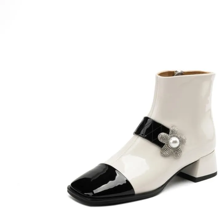 Women's Handmade Patent Leather Cap-Toe Two-Tone Rhinestone Flower Ankle Boots