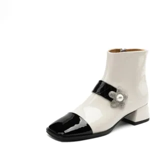 Women's Handmade Patent Leather Cap-Toe Two-Tone Rhinestone Flower Ankle Boots