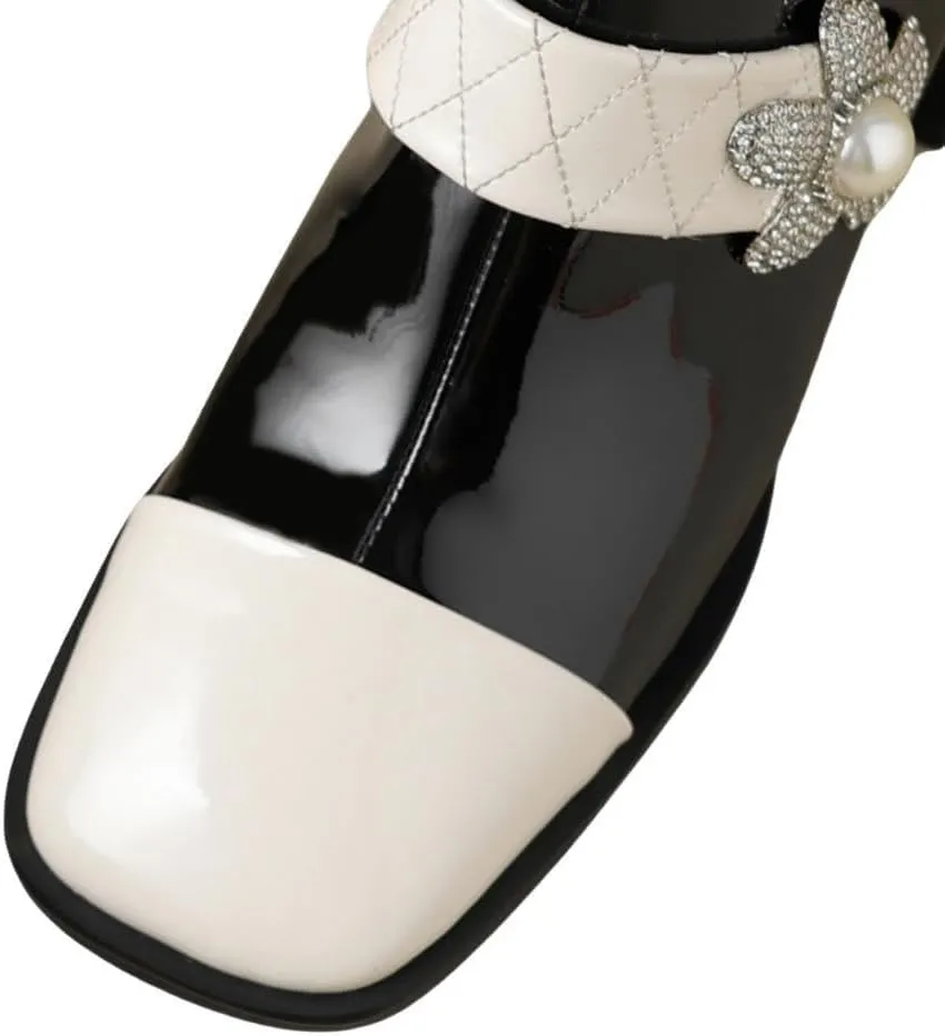 Women's Handmade Patent Leather Cap-Toe Two-Tone Rhinestone Flower Ankle Boots
