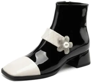 Women's Handmade Patent Leather Cap-Toe Two-Tone Rhinestone Flower Ankle Boots