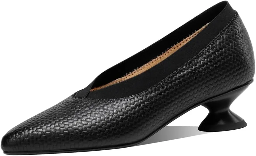 Women's Pointed Toe Handmade Cone Heels Embossed Genuine Leather Retro Pumps Shoes