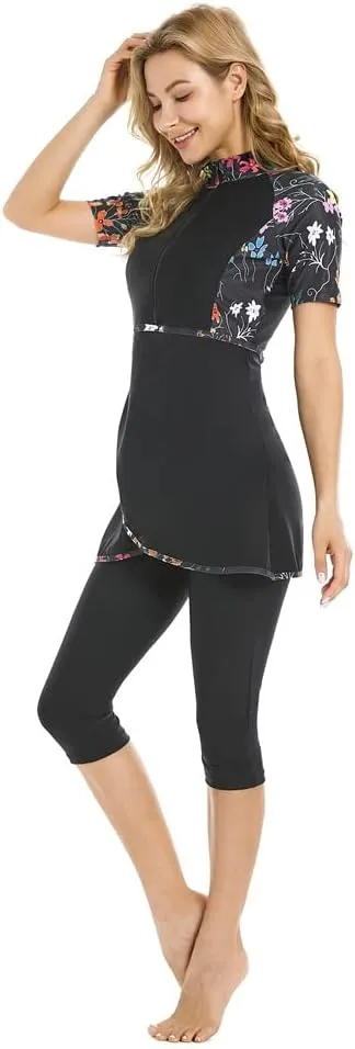 Womens Rash Guard Modest Swimsuit for Girls Short Sleeve Bikinis Surfing Swimwear Burkini