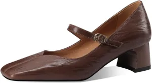 Women's Square Toe Genuine Leather Handmade Strap Buckle Low Chunky Heels Mary Jane Pumps Shoes