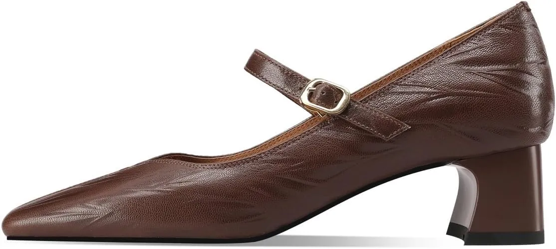 Women's Square Toe Genuine Leather Handmade Strap Buckle Low Chunky Heels Mary Jane Pumps Shoes