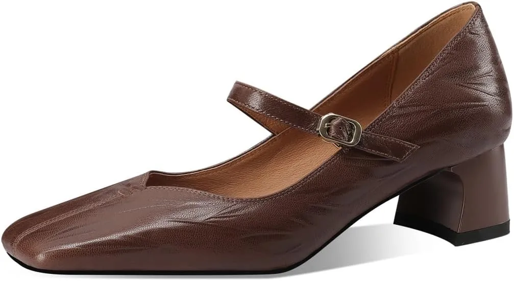 Women's Square Toe Genuine Leather Handmade Strap Buckle Low Chunky Heels Mary Jane Pumps Shoes