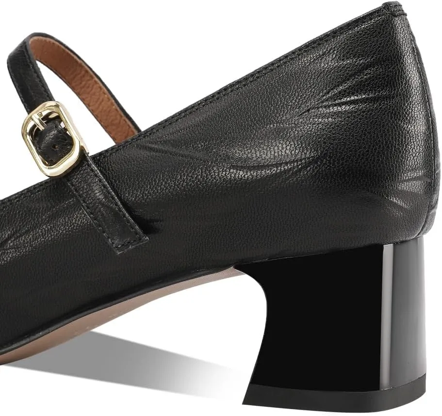 Women's Square Toe Genuine Leather Handmade Strap Buckle Low Chunky Heels Mary Jane Pumps Shoes