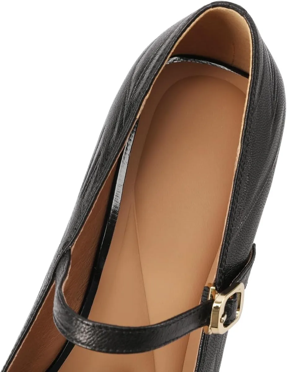 Women's Square Toe Genuine Leather Handmade Strap Buckle Low Chunky Heels Mary Jane Pumps Shoes