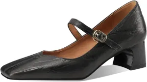 Women's Square Toe Genuine Leather Handmade Strap Buckle Low Chunky Heels Mary Jane Pumps Shoes