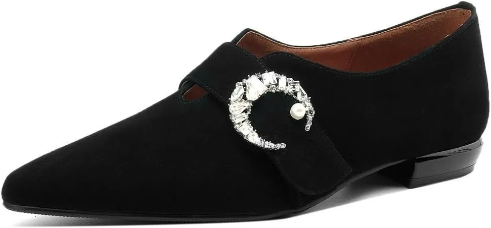 Women's Suede Leather Pointed Toe Crystal Moon Handmade Office Loafer Shoes