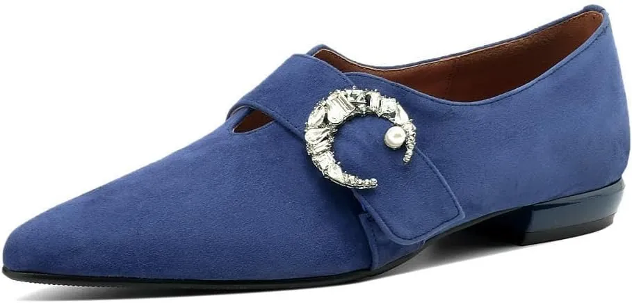 Women's Suede Leather Pointed Toe Crystal Moon Handmade Office Loafer Shoes