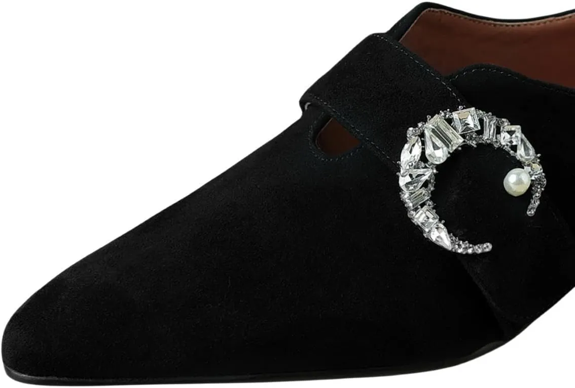 Women's Suede Leather Pointed Toe Crystal Moon Handmade Office Loafer Shoes