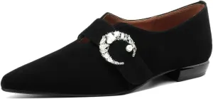 Women's Suede Leather Pointed Toe Crystal Moon Handmade Office Loafer Shoes