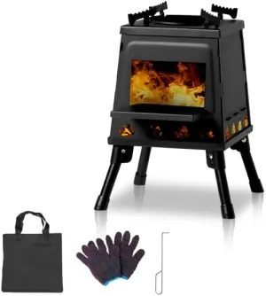 Wood Burning Camp Stove, Portable Folding Wood Burning Stove with Retractable Legs, Outdoor Camping Stove for Backpacking Outdoor Cooking, Large, Black