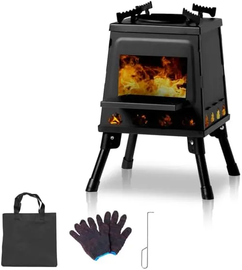 Wood Burning Camp Stove, Portable Folding Wood Burning Stove with Retractable Legs, Outdoor Camping Stove for Backpacking Outdoor Cooking, Large, Black