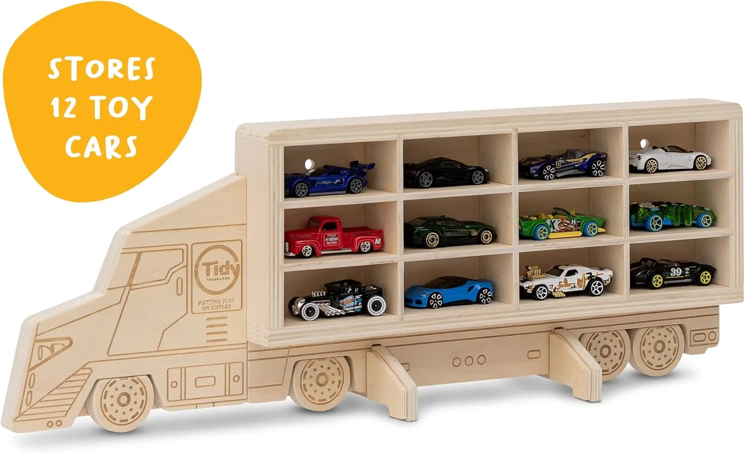 Wood Toy Car Storage Organizer – Holds Diecast Cars - Freestanding or Wall Display Case Shelf – Matchbox & Hot Wheels Car Compatible - FSC Wood (05. Hauler)