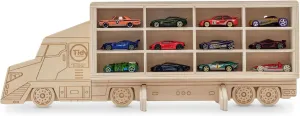 Wood Toy Car Storage Organizer – Holds Diecast Cars - Freestanding or Wall Display Case Shelf – Matchbox & Hot Wheels Car Compatible - FSC Wood (05. Hauler)
