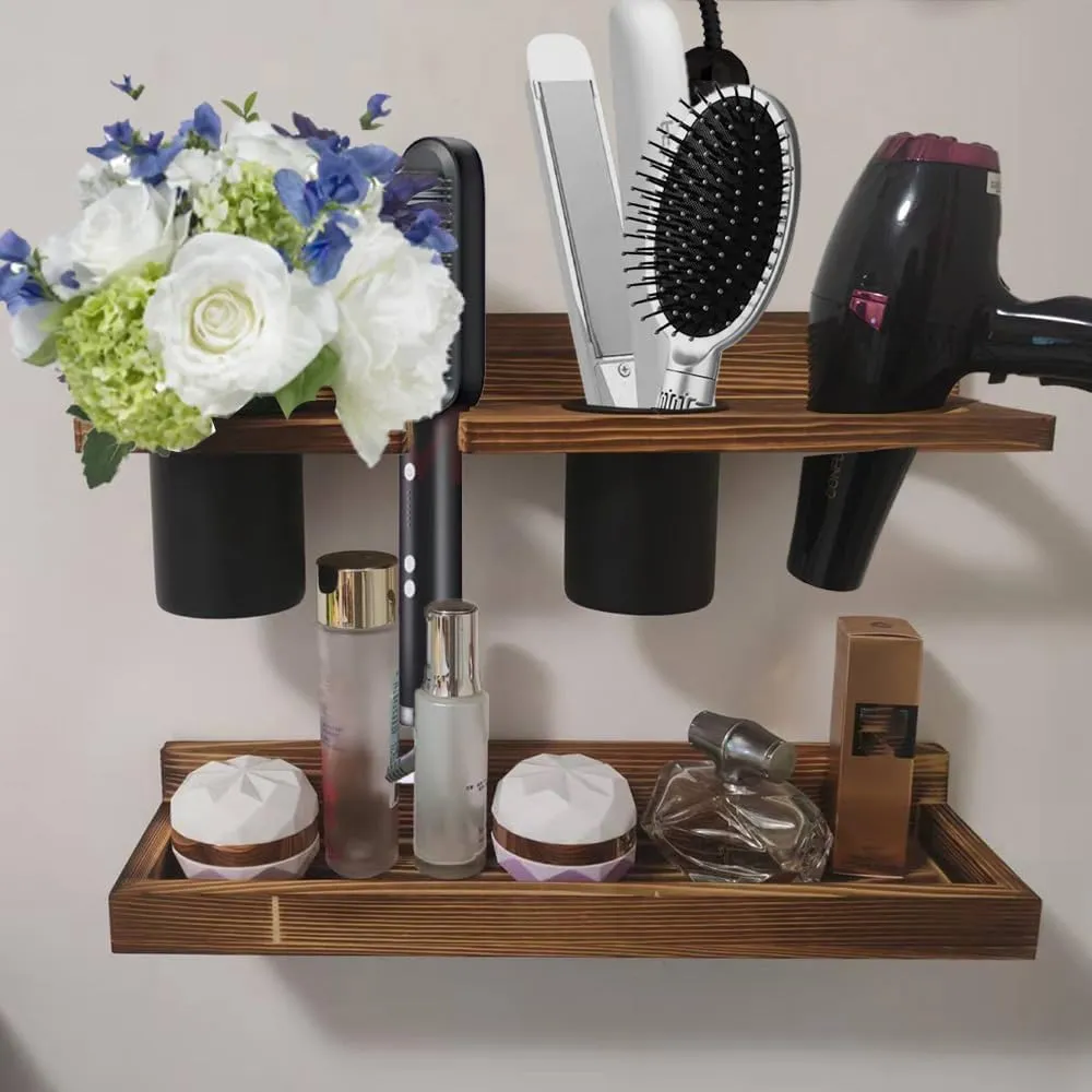 Wooden 2-Tier Wall-Mounted Hair Tool Organizer with Heat Resistance - Ideal for Hair Dryer, Flat Iron, Curling Wand, Brushes & More - Rustic Style with Free Self-Adhesive Headband Holder