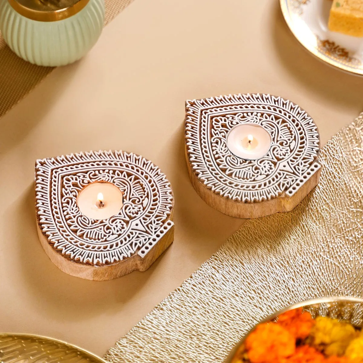 Wooden Block Decorative Candle Holder Set Of 2