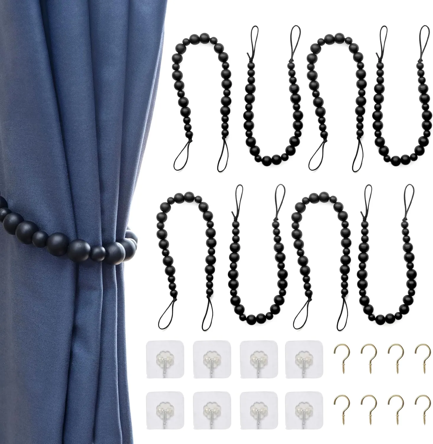Wooden Boho Rustic Curtain Ties - Set of 8 Beaded Curtain Holder Tiebacks
