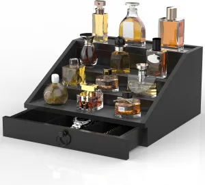 Wooden Cologne Organizer for Men Enhanced 4 Tier Cologne Stand Shelf Perfume Organizer with Velvet Lined Drawer & Hidden Storage Perfume Display Holder for Dresser Nice Gift (Classy Black)