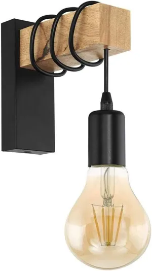 Wooden Metal Wall Lamp - Indoor Sconce Rustic Hanging Lights Art Decorative Lighting Fixture E27 Edison Bulb Vintage Industrial Hallway Restaurant Bar Bedroom Bedside