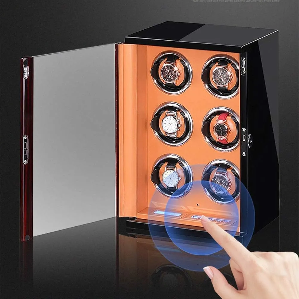 Wooden Watch Winder for Automatic Watches with Remote Control LCD Touch Screen Display Built-in LED Light Adjustable Watch Pillows