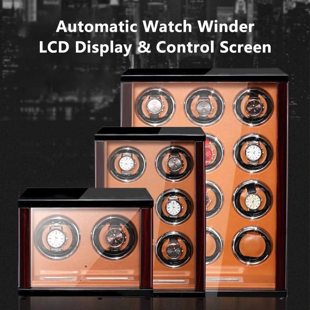 Wooden Watch Winder for Automatic Watches with Remote Control LCD Touch Screen Display Built-in LED Light Adjustable Watch Pillows
