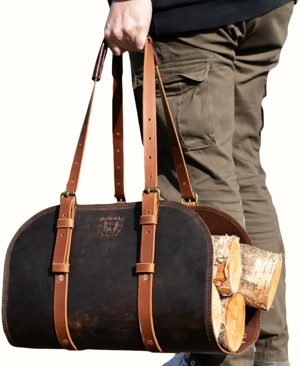 Woodman's Pal Premium Buffalo Leather Log Carrier, Luxury Handcrafted Firewood Carrier, Heavy-Duty Firewood Bag for Wood Carrying, Made in USA - Ideal for Outdoors and Camping (Crazy Horse Black)