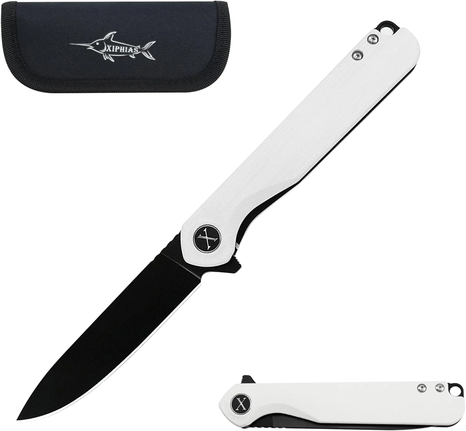 XIPHIAS Flipper Folding Knife - 3.5" D2 Steel Blade, White G10 Handle, Ball Bearing Opening, EDC for Camping, Hunting, Fishing - XBJ2201-2