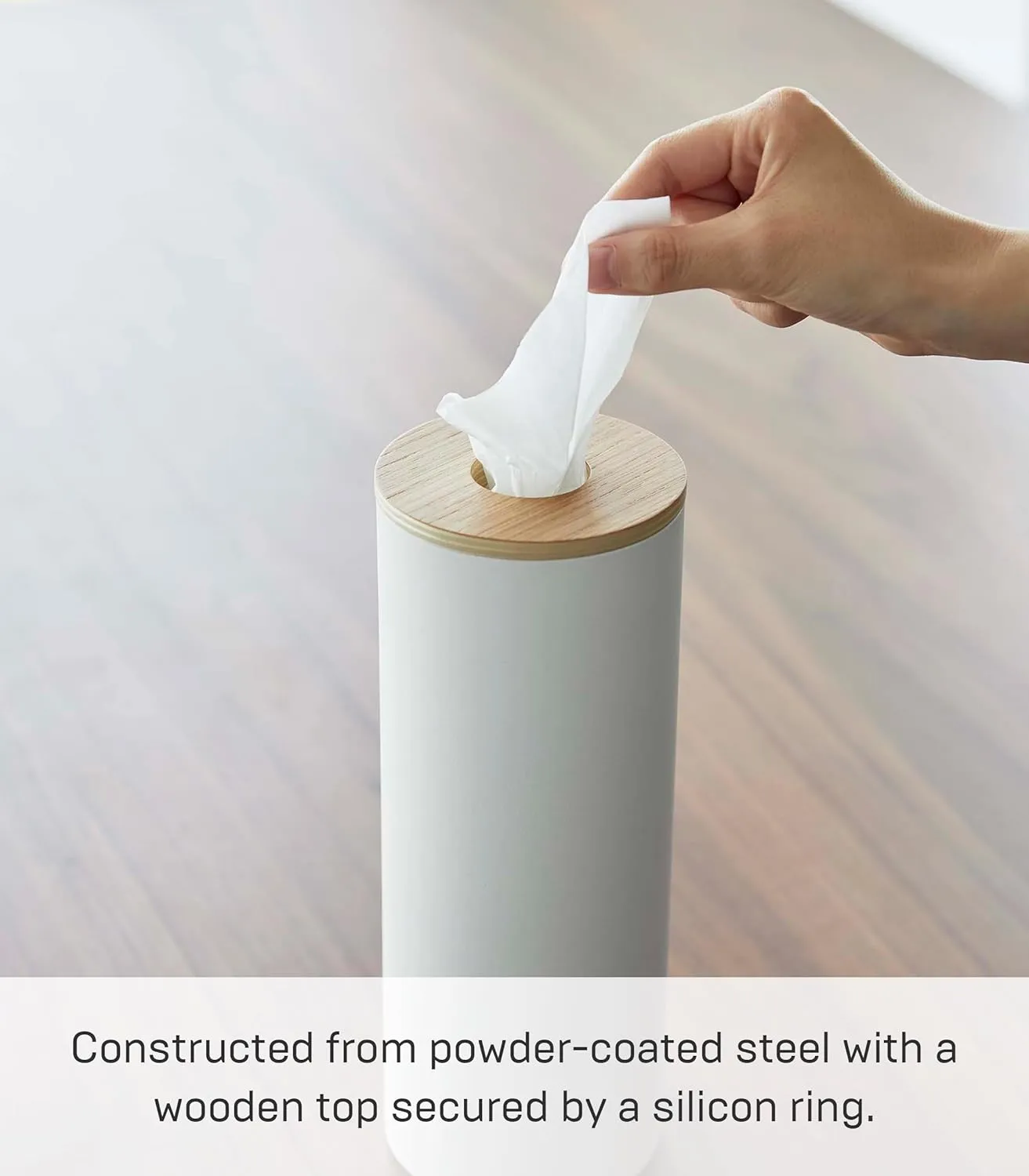 Yamazaki Home Rin Reusable Round Tissue Case, Car Tissue Holder, Slim Metal Tissue Container with Wooden Lid - Small - Steel   Wood