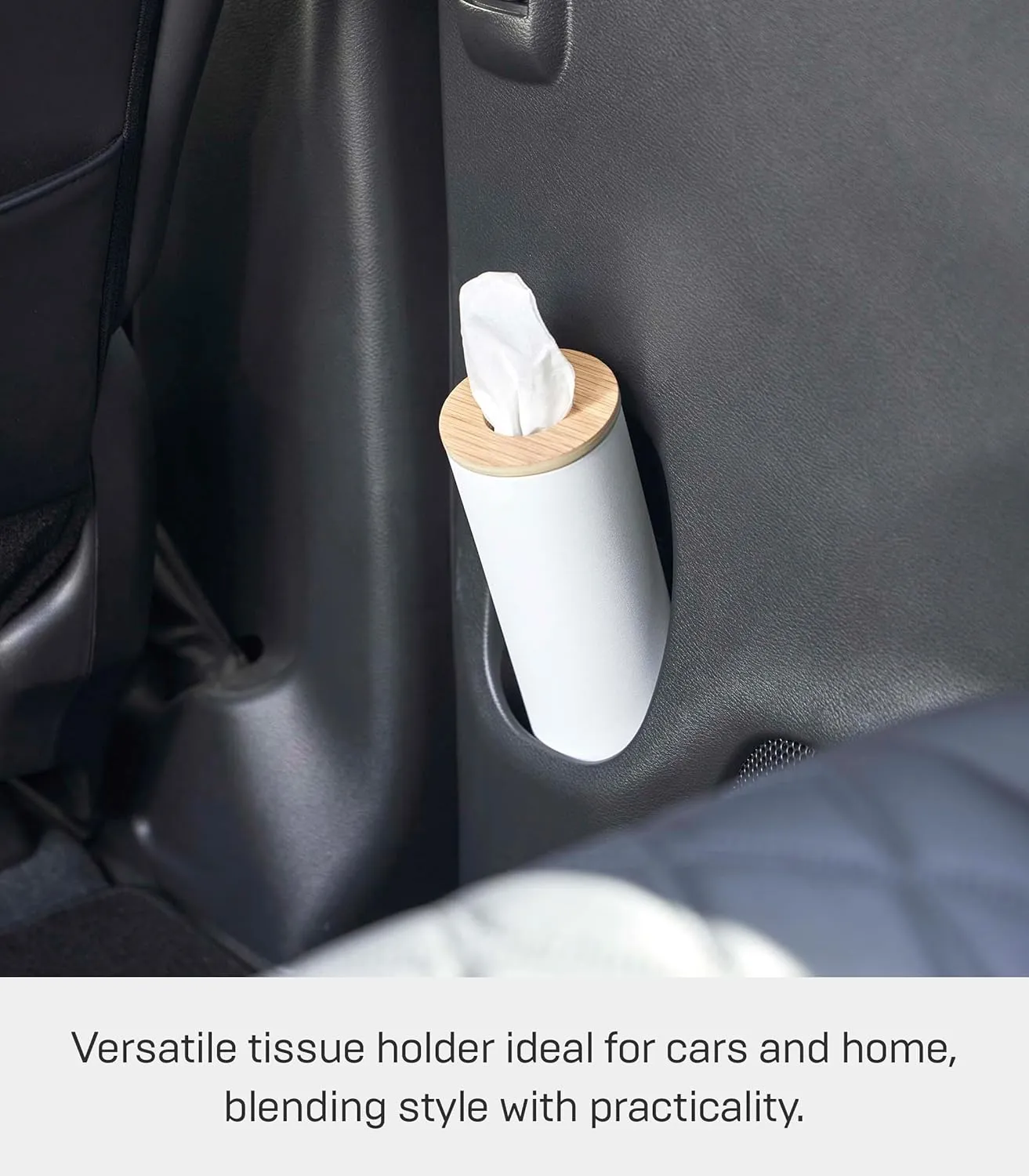 Yamazaki Home Rin Reusable Round Tissue Case, Car Tissue Holder, Slim Metal Tissue Container with Wooden Lid - Small - Steel   Wood