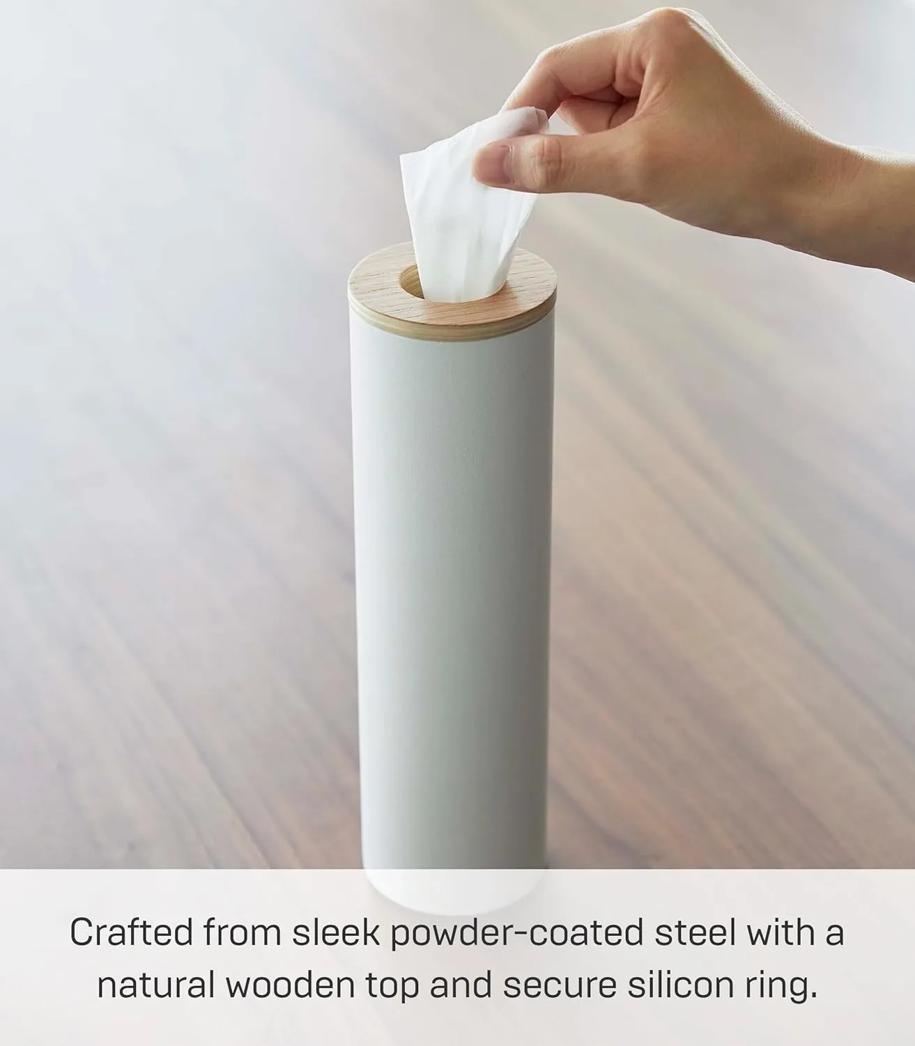 Yamazaki Home Rin Reusable Round Tissue Case, Car Tissue Holder, Slim Metal Tissue Container with Wooden Lid - Small - Steel   Wood