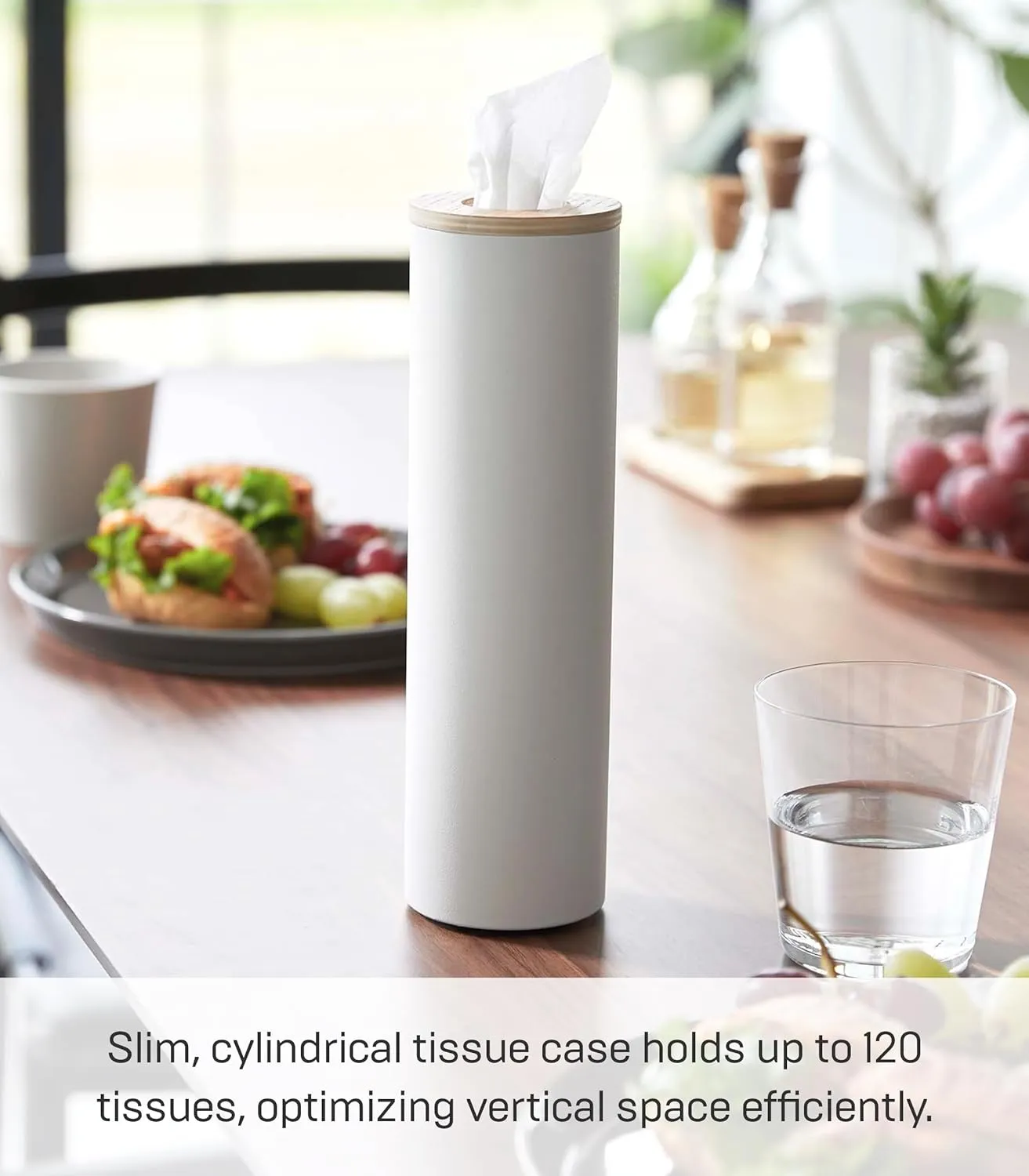 Yamazaki Home Rin Reusable Round Tissue Case, Car Tissue Holder, Slim Metal Tissue Container with Wooden Lid - Small - Steel   Wood