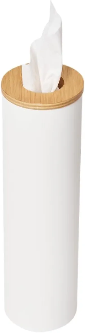 Yamazaki Home Rin Reusable Round Tissue Case, Car Tissue Holder, Slim Metal Tissue Container with Wooden Lid - Small - Steel   Wood