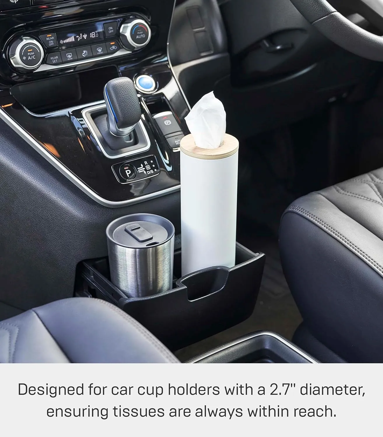 Yamazaki Home Rin Reusable Round Tissue Case, Car Tissue Holder, Slim Metal Tissue Container with Wooden Lid - Small - Steel   Wood