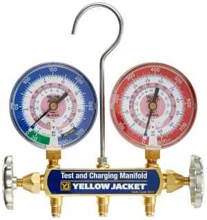 Yellow Jacket 42021 Manifold Only with 3-1/8" Color-Coded Gauges, bar/psi, R-410A (Clamshell)