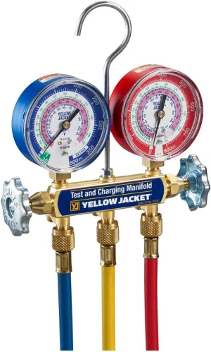 Yellow Jacket 42036 2-Valve Series 41 A2L Manifold, (psi °F) R32/454B/410A, 3-1/8" Gauges (60" Plus II R/Y/B Hoses)